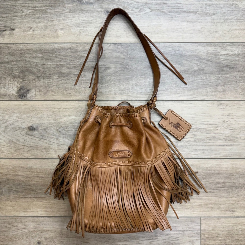 Vintage Rare Polo Ralph Lauren Leather Fringe Bucket Bag Purse Western Boho
